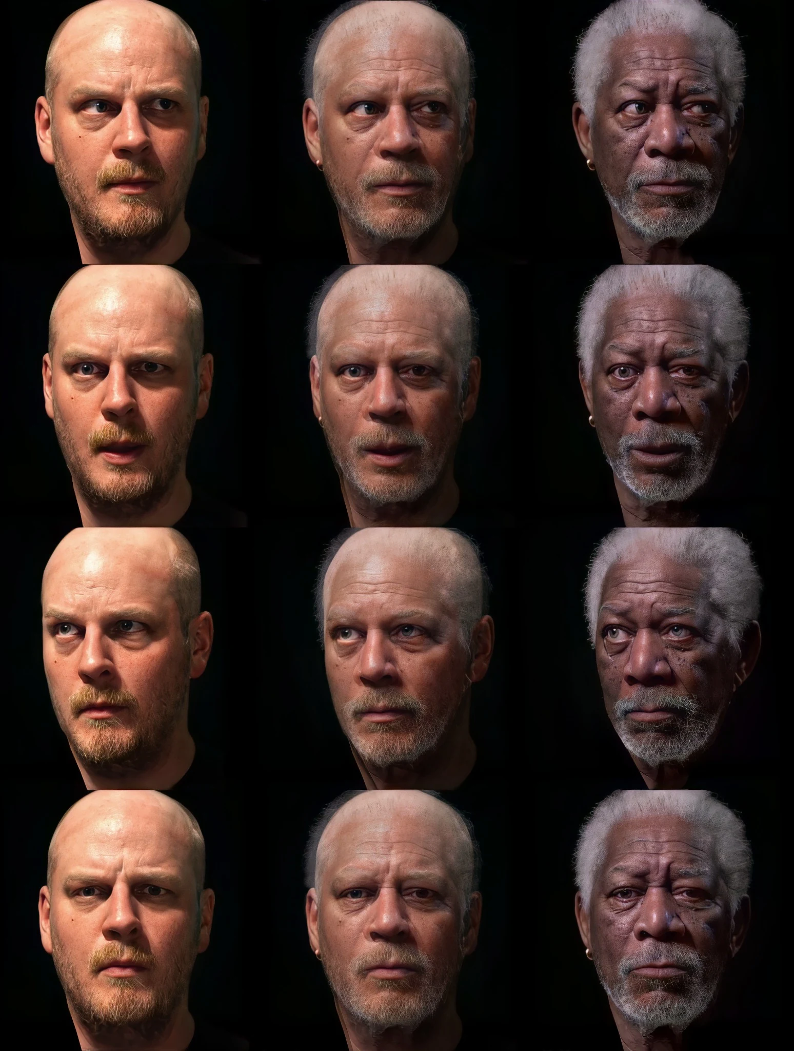 Process grid from Bob de Jong’s 2020 and 2021 synthetic likeness work, showing face replacement and AI-generated likeness as research into image trust